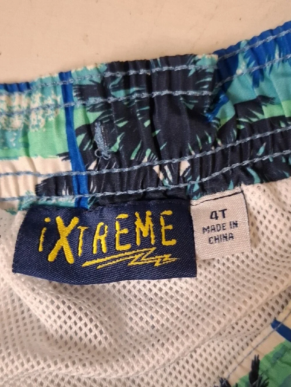 Kids Tropical Palm Print Swim Trunks - Blue & Green